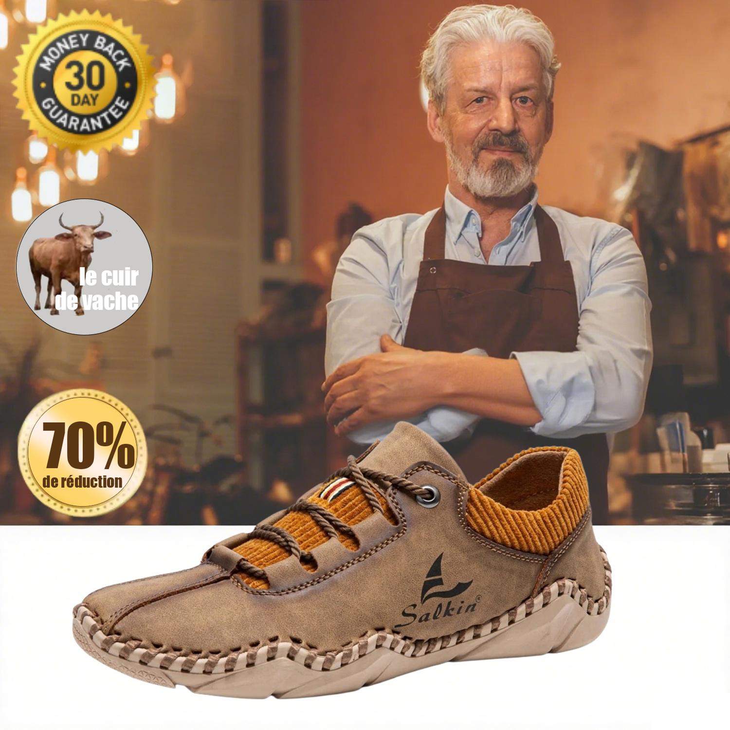 [Dernier jour -70 % - Ne manquez pas cette occasion] 🔥 Chaussures de marche en cuir de veau pour hommes 👞 Cousues à la main ✅ Soutien de la voûte plantaire - Soulagement de la douleur pour une marche confortable