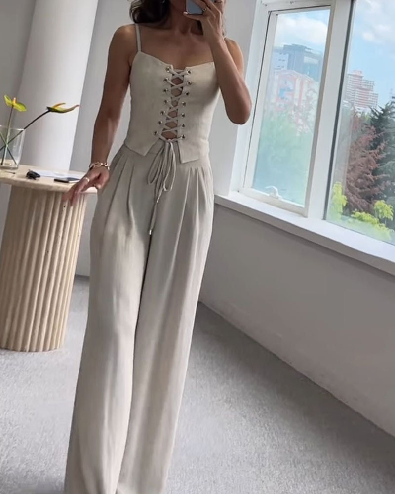 Ensemble deux pièces haut et pantalon à cordons pour la ville