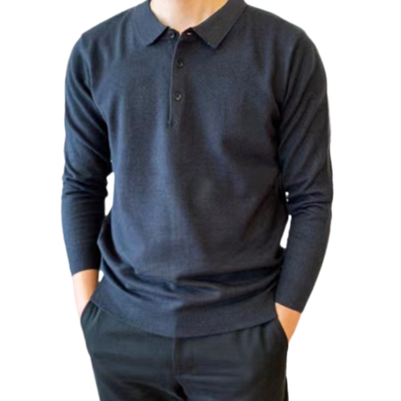 Nieuwe gebreide polo trui voor mannen met kleurcontrast, lange mouwen
