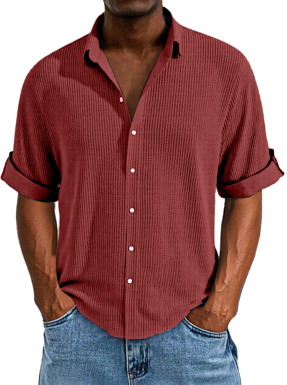 Korte Mouwen Casual Overhemd Voor Mannen, Ruime Pasvorm, Eenvoudige Textuur, Effen Kleur Met Knopen