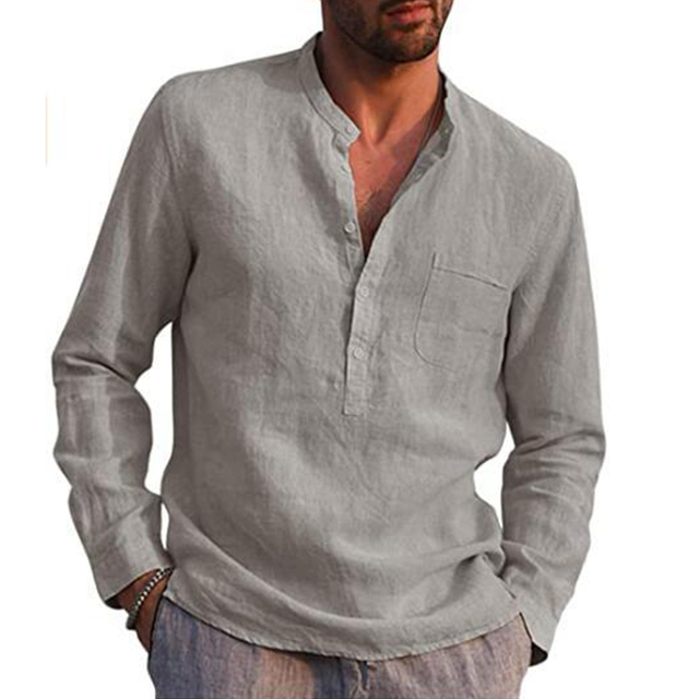 Chemises À Manches Longues En Coton Et Lin Pour Homme, Couleur Unie, Col Montant, Été