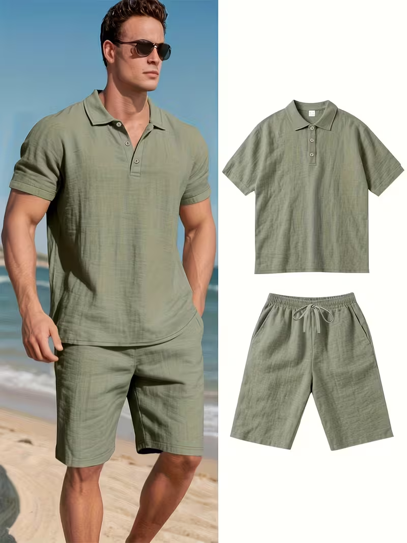 ⏰ Dernier jour : 50 % de réduction ! 🔥 – Ensemble d’été en lin pour homme avec chemise à manches courtes et short