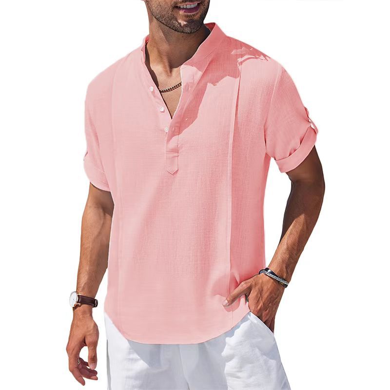Chemise Henley en lin et coton pour homme, chemise décontractée hippie de plage, T-shirt à manches courtes