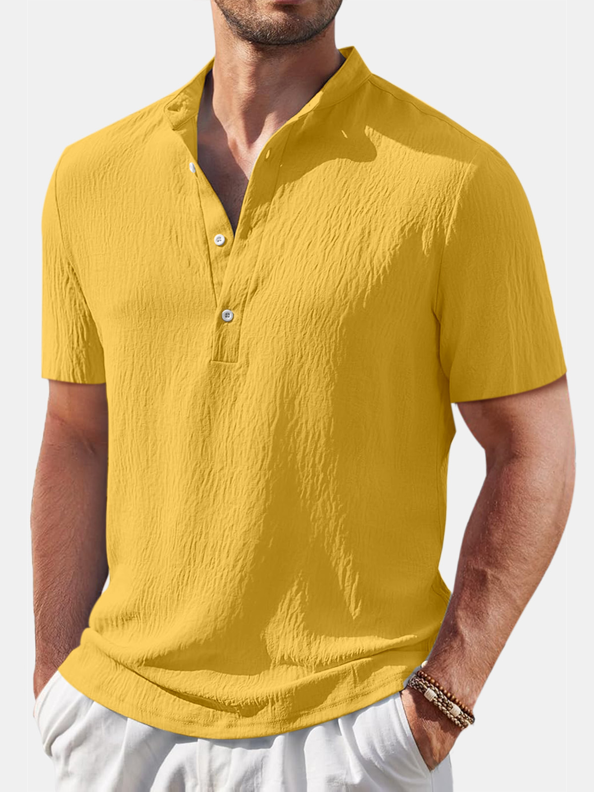 Heren casual shirt in katoen en linnen met mao-kraag en korte mouwen