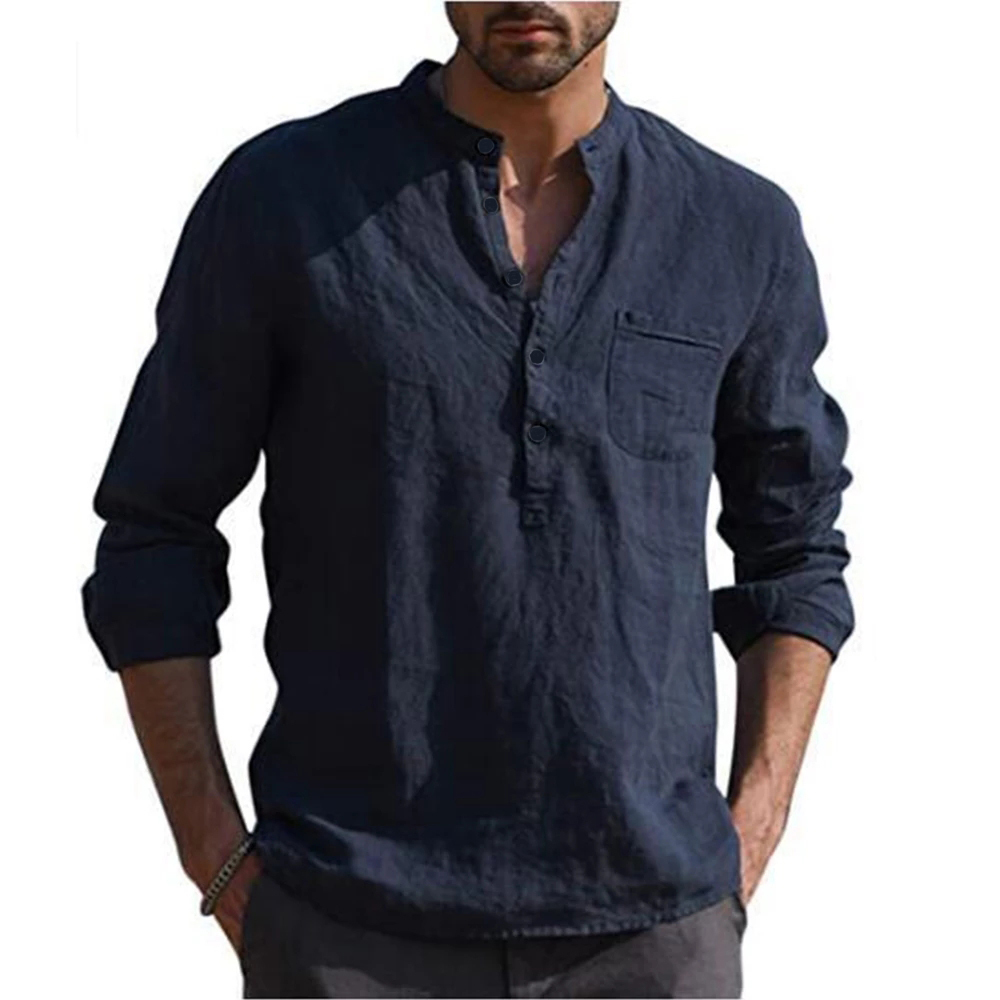 Chemises À Manches Longues En Coton Et Lin Pour Homme, Couleur Unie, Col Montant, Été