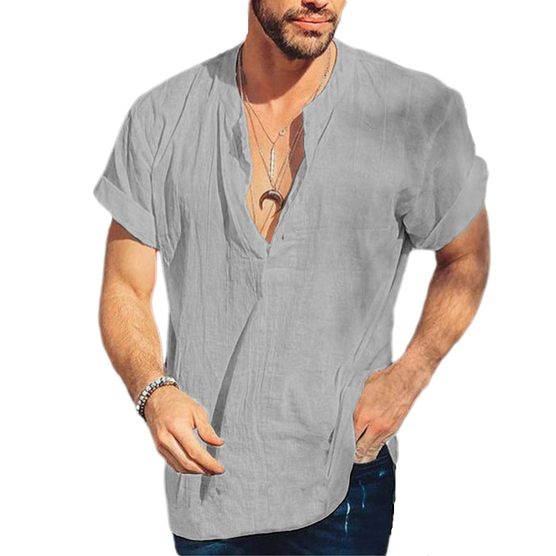 Chemise en lin à col rond et manches courtes pour homme