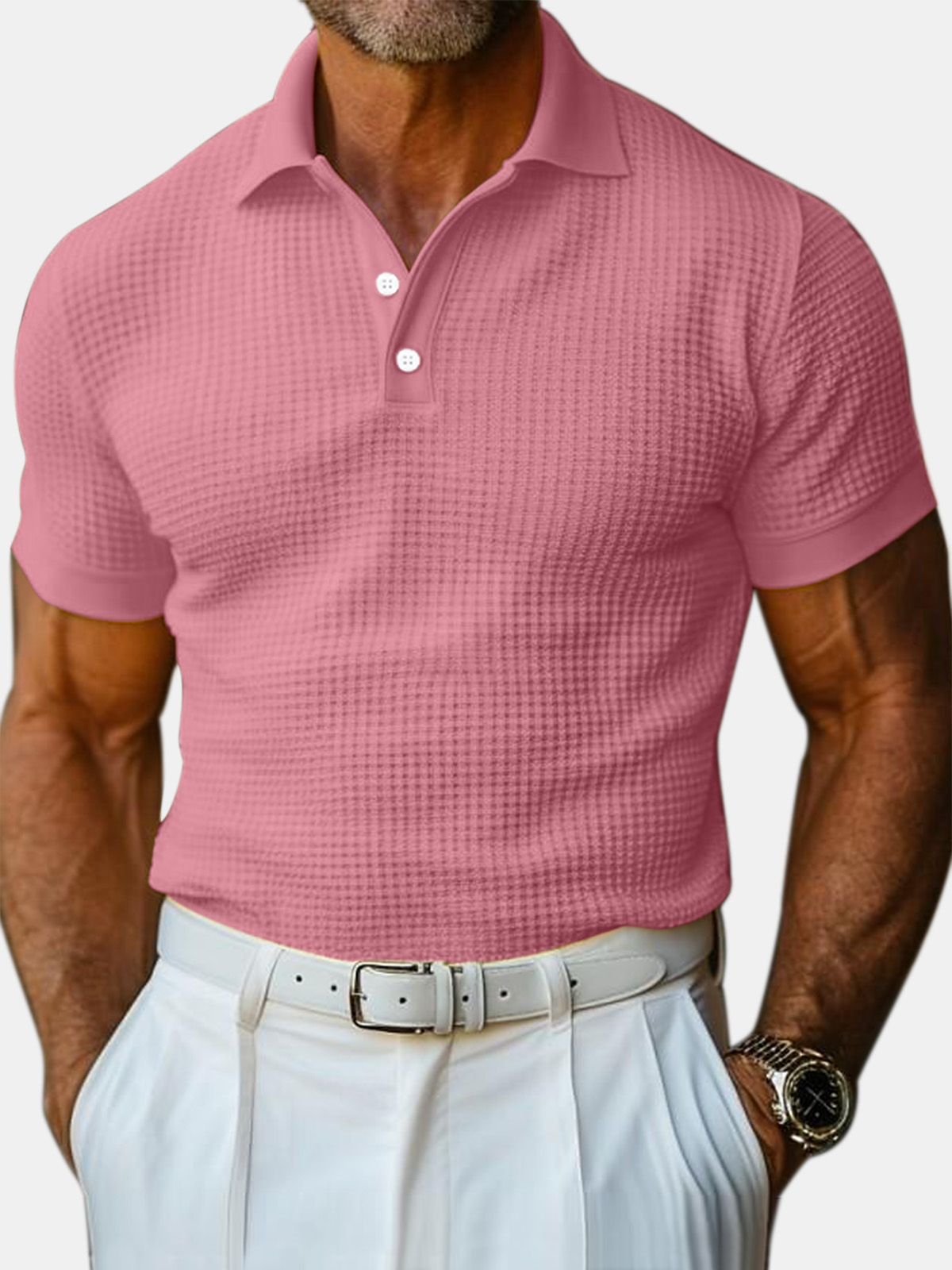 Polo à manches courtes pour homme en maille gaufrée unie, style décontracté