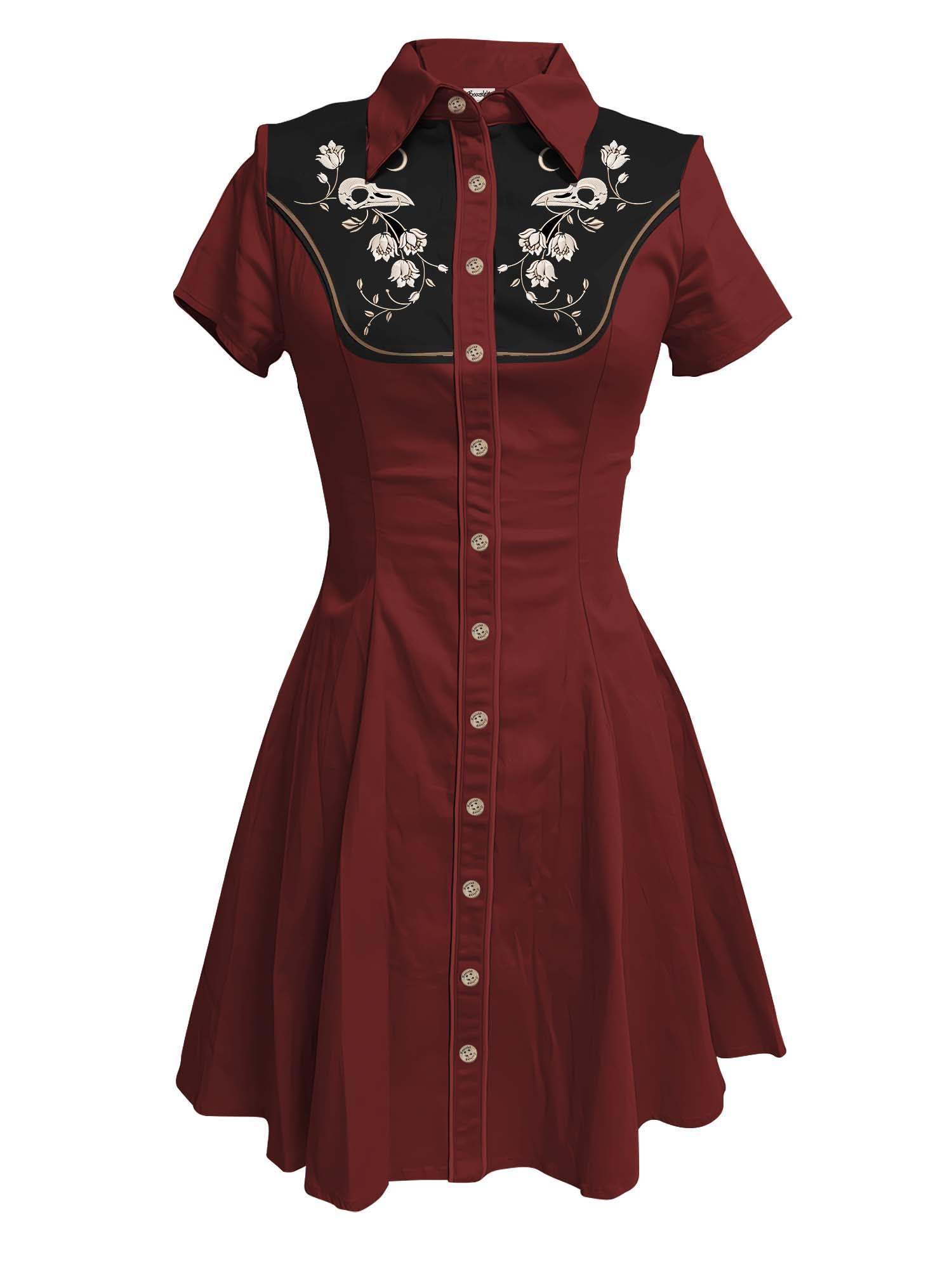 [Broderie] Tête de Corbeau Squelette et Fleur - Robe 100% Coton avec Double Poche
