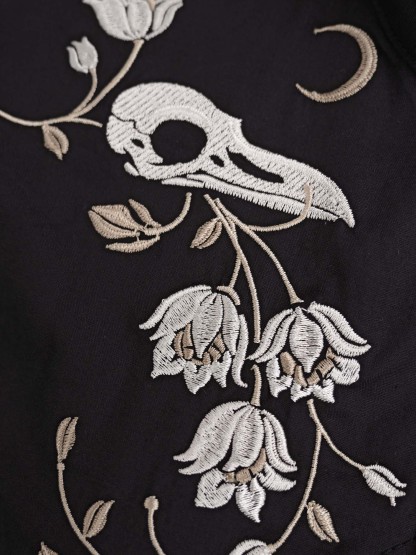 [Broderie] Tête de Corbeau Squelette et Fleur - Robe 100% Coton avec Double Poche