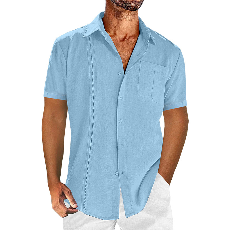 Chemise courte à manches pour homme en lin et coton, couleur unie et décontractée