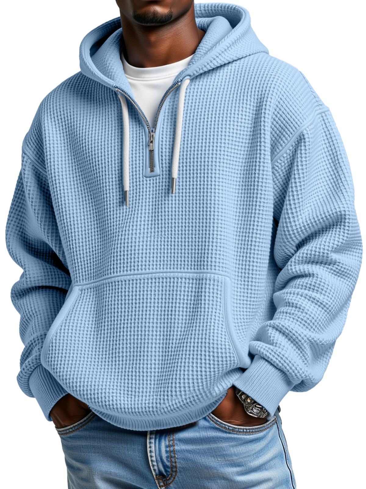 Sweat-shirt à capuche décontracté à manches longues et fermeture éclair gaufrée de couleur unie pour homme