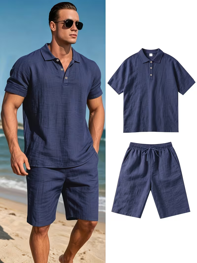 ⏰ Dernier jour : 50 % de réduction ! 🔥 – Ensemble d’été en lin pour homme avec chemise à manches courtes et short