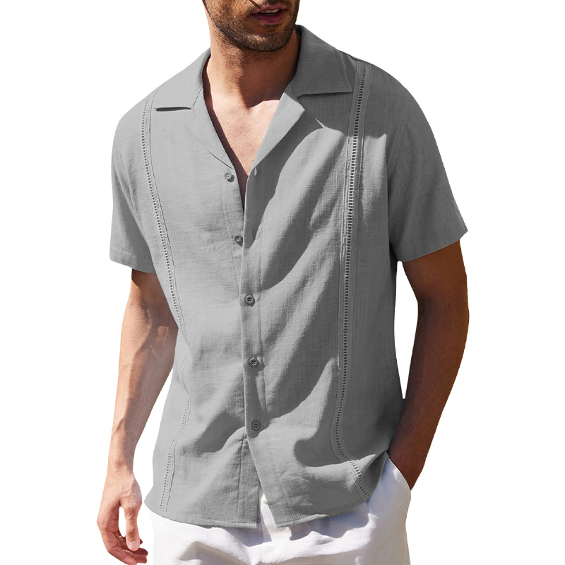 Korte mouwen casual overhemd van katoen en linnen voor mannen, Cubaanse stijl - speciaal voor het strand