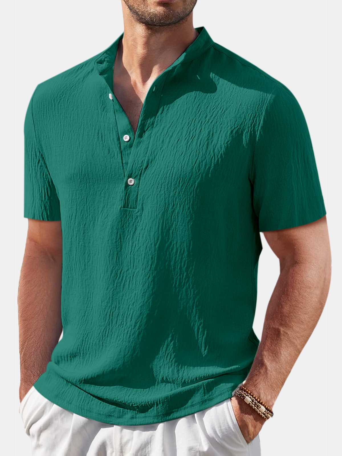 Heren casual shirt in katoen en linnen met mao-kraag en korte mouwen