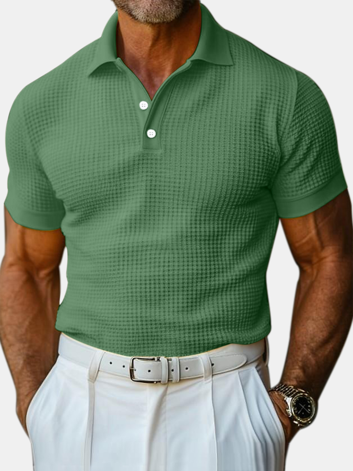 Polo à manches courtes pour homme en maille gaufrée unie, style décontracté