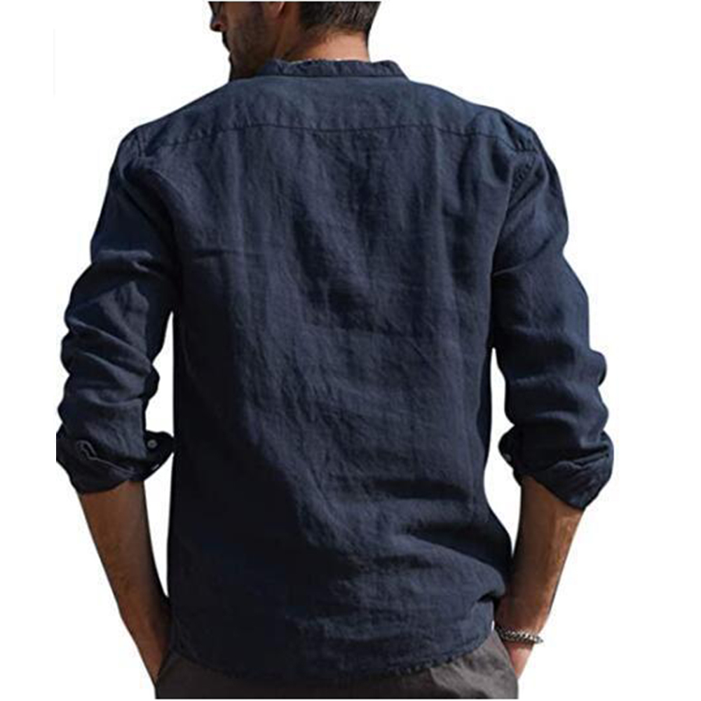 Chemises À Manches Longues En Coton Et Lin Pour Homme, Couleur Unie, Col Montant, Été