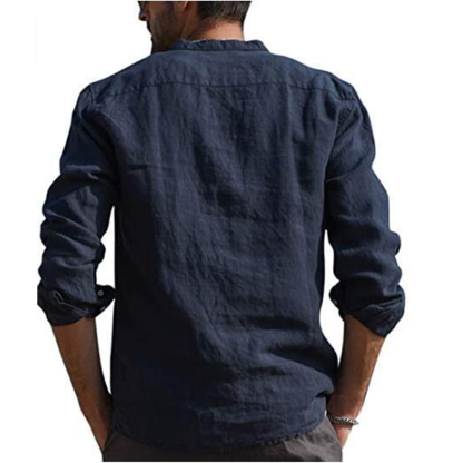 Chemises À Manches Longues En Coton Et Lin Pour Homme, Couleur Unie, Col Montant, Été