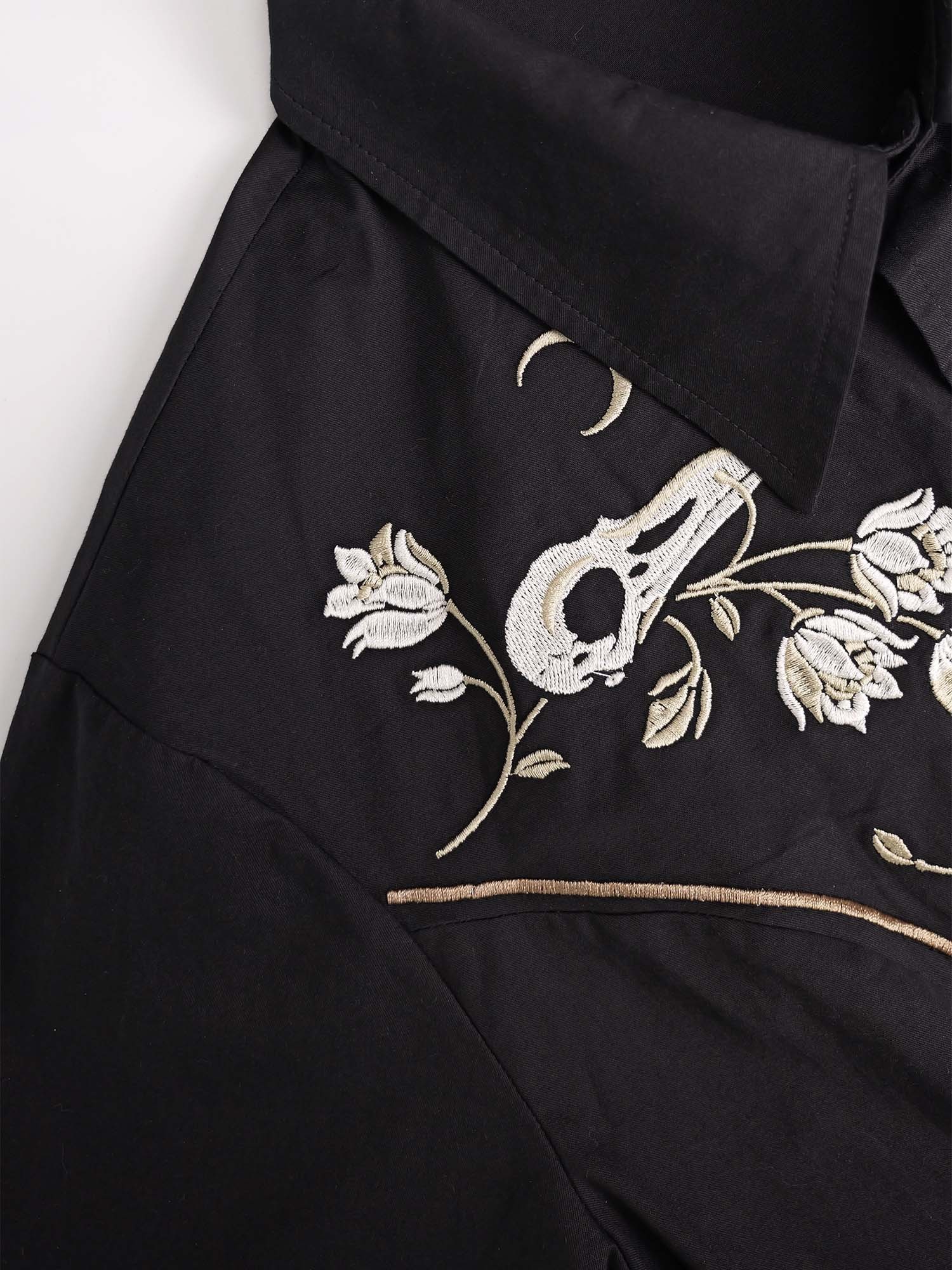 [Broderie] Tête de Corbeau Squelette et Fleur - Robe 100% Coton avec Double Poche