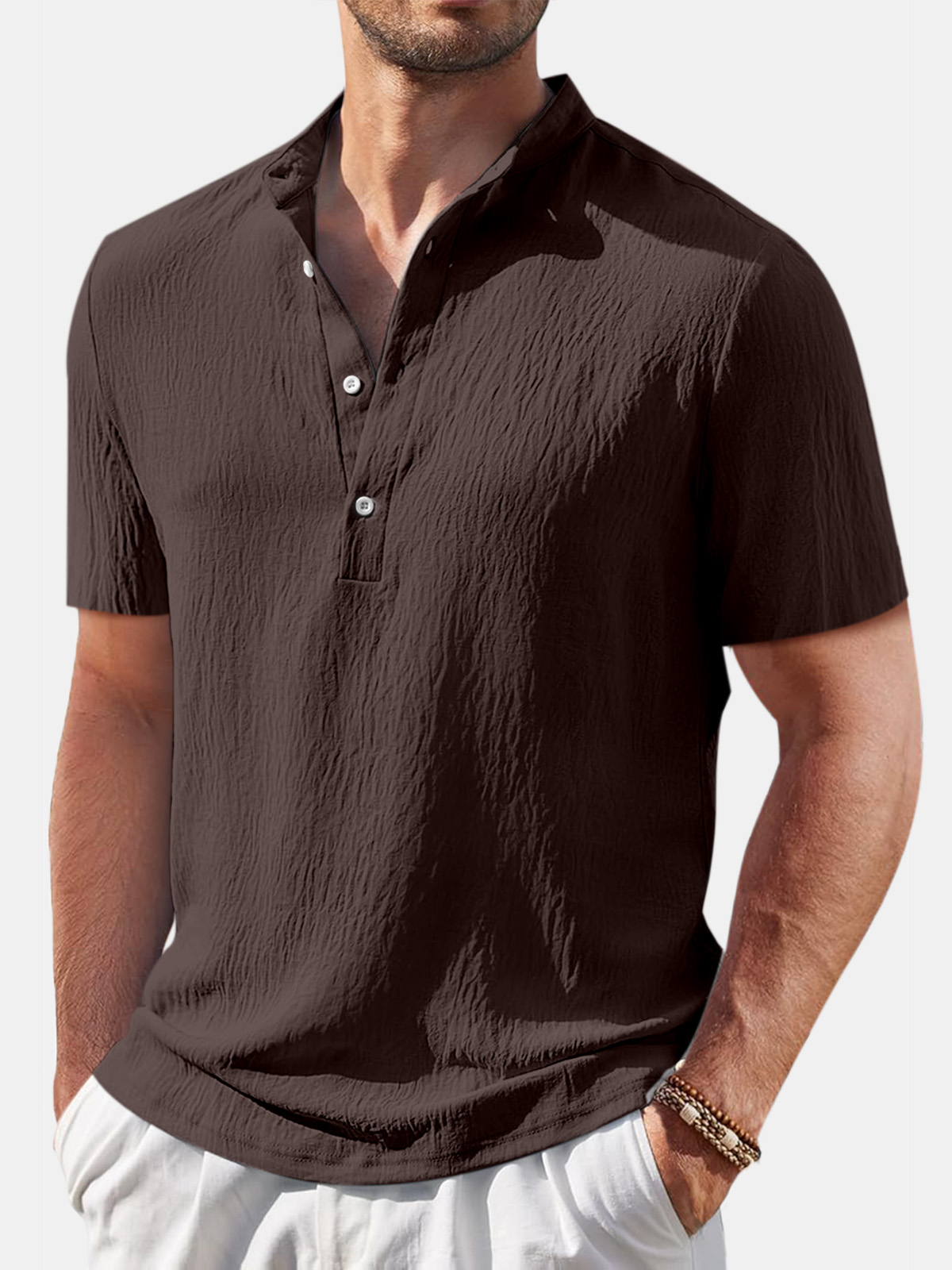 Heren casual shirt in katoen en linnen met mao-kraag en korte mouwen