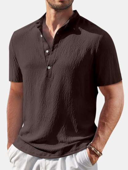 Heren casual shirt in katoen en linnen met mao-kraag en korte mouwen