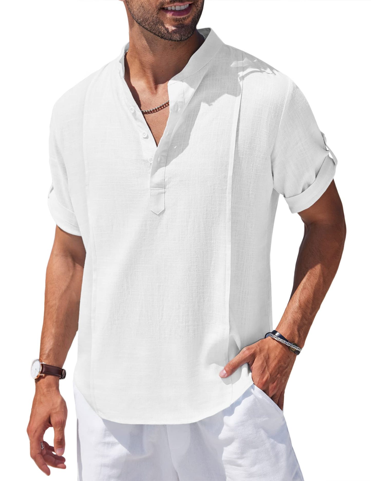 Chemise Henley en lin et coton pour homme, chemise décontractée hippie de plage, T-shirt à manches courtes