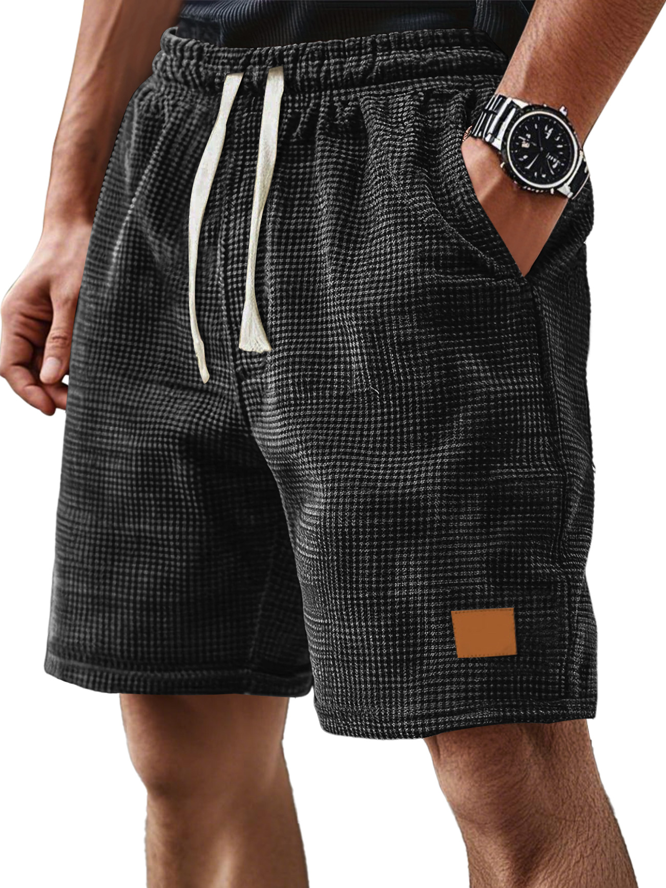 Korte comfortabele ribfluwelen broek voor mannen, casual pasvorm, ruim en comfortabel, met trekkoord