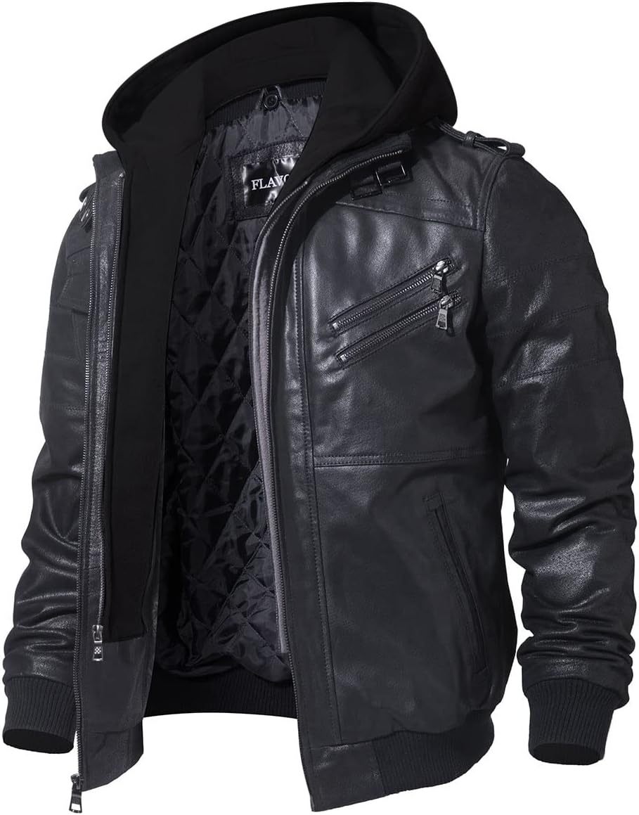 RCELINE Veste en Cuir véritable Homme à Capuche Blouson