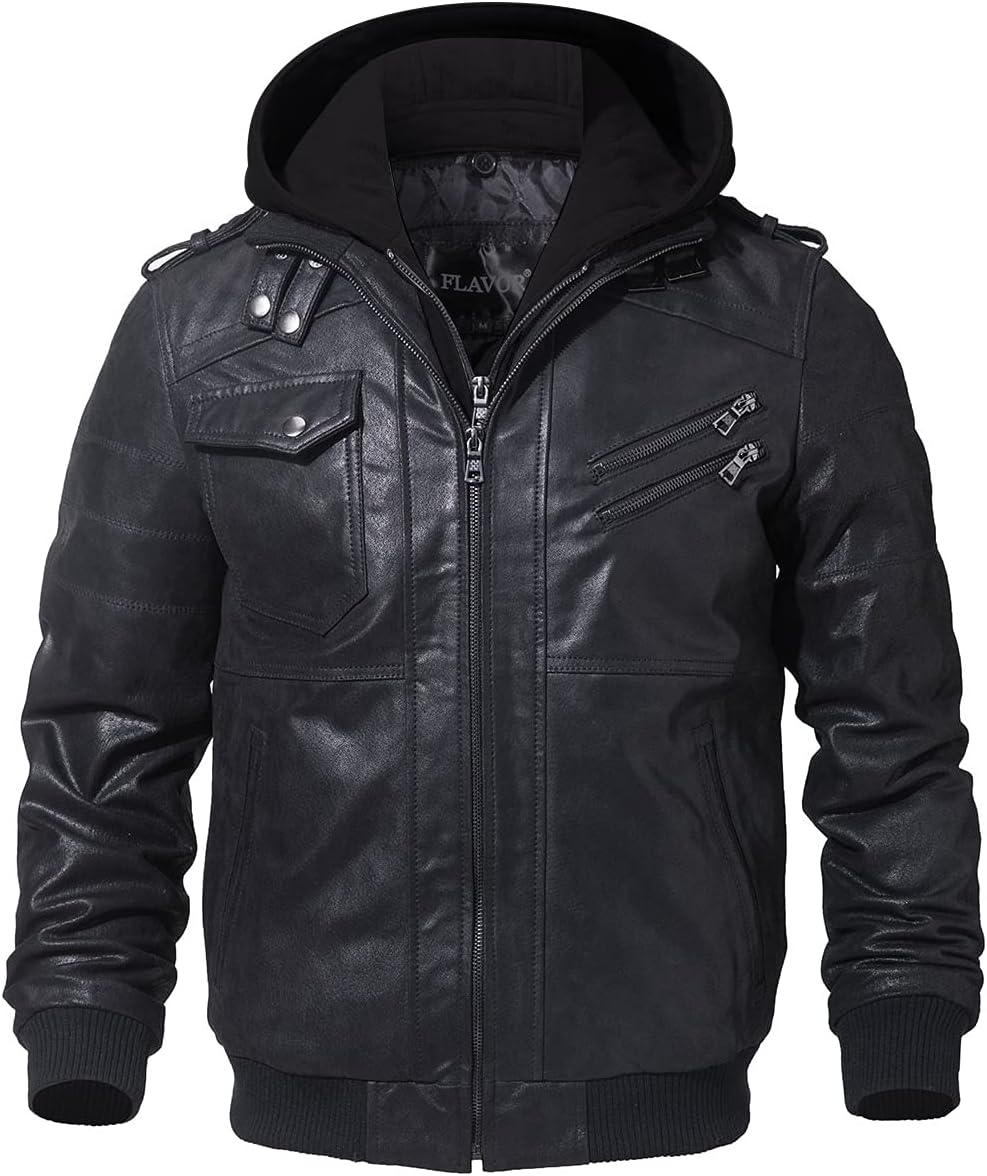 RCELINE Veste en Cuir véritable Homme à Capuche Blouson