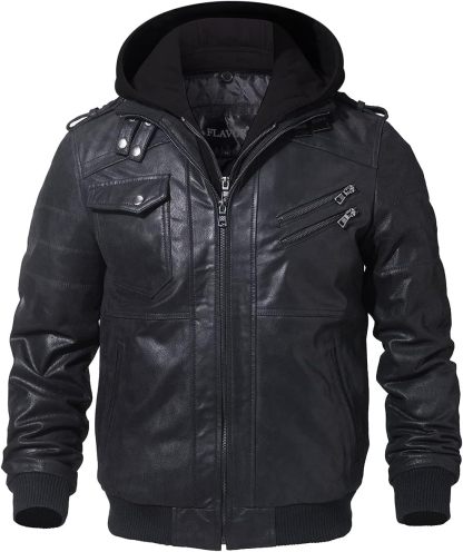 RCELINE Veste en Cuir véritable Homme à Capuche Blouson