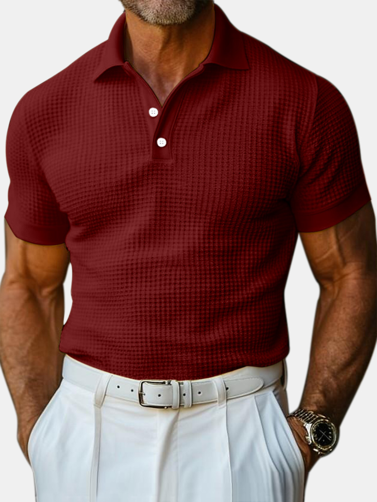 Polo à manches courtes pour homme en maille gaufrée unie, style décontracté