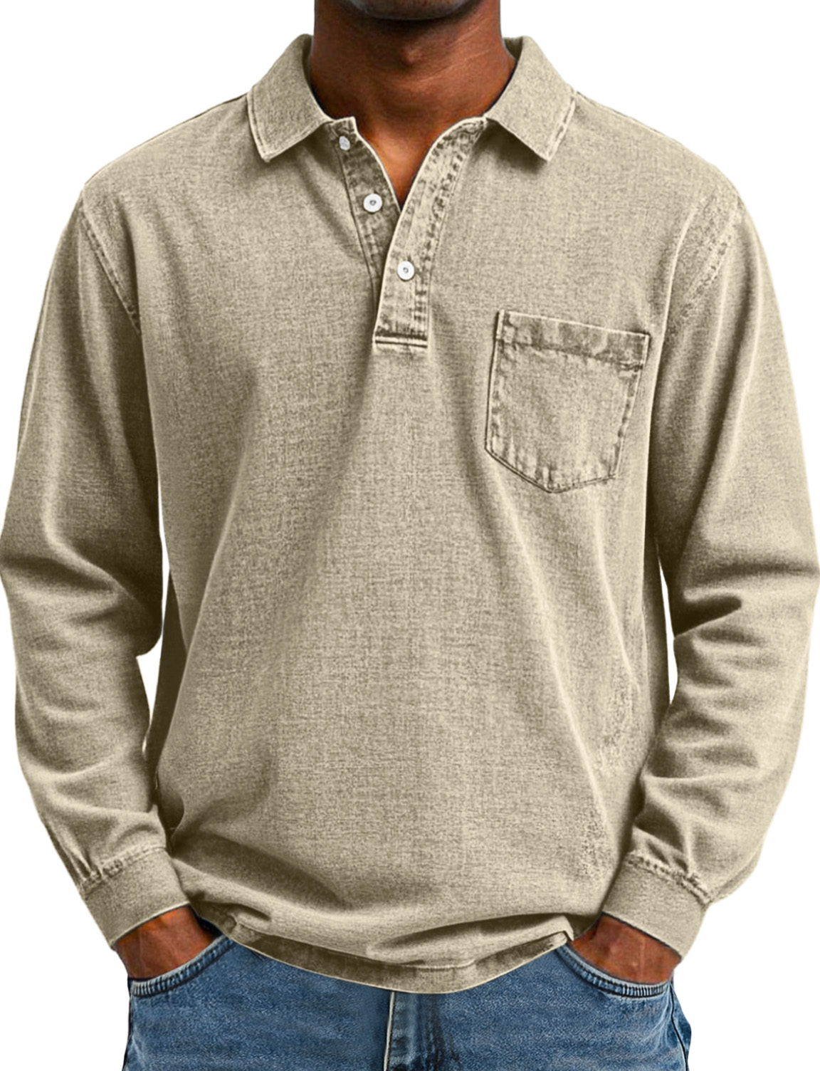 Heren Retro Effen Kleur Pocket Lapel Lange Mouw Polo Shirt