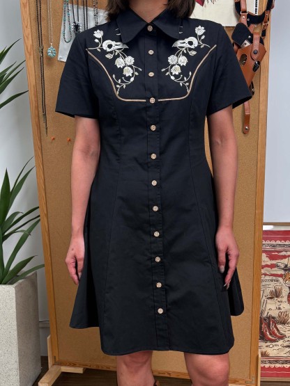 [Broderie] Tête de Corbeau Squelette et Fleur - Robe 100% Coton avec Double Poche