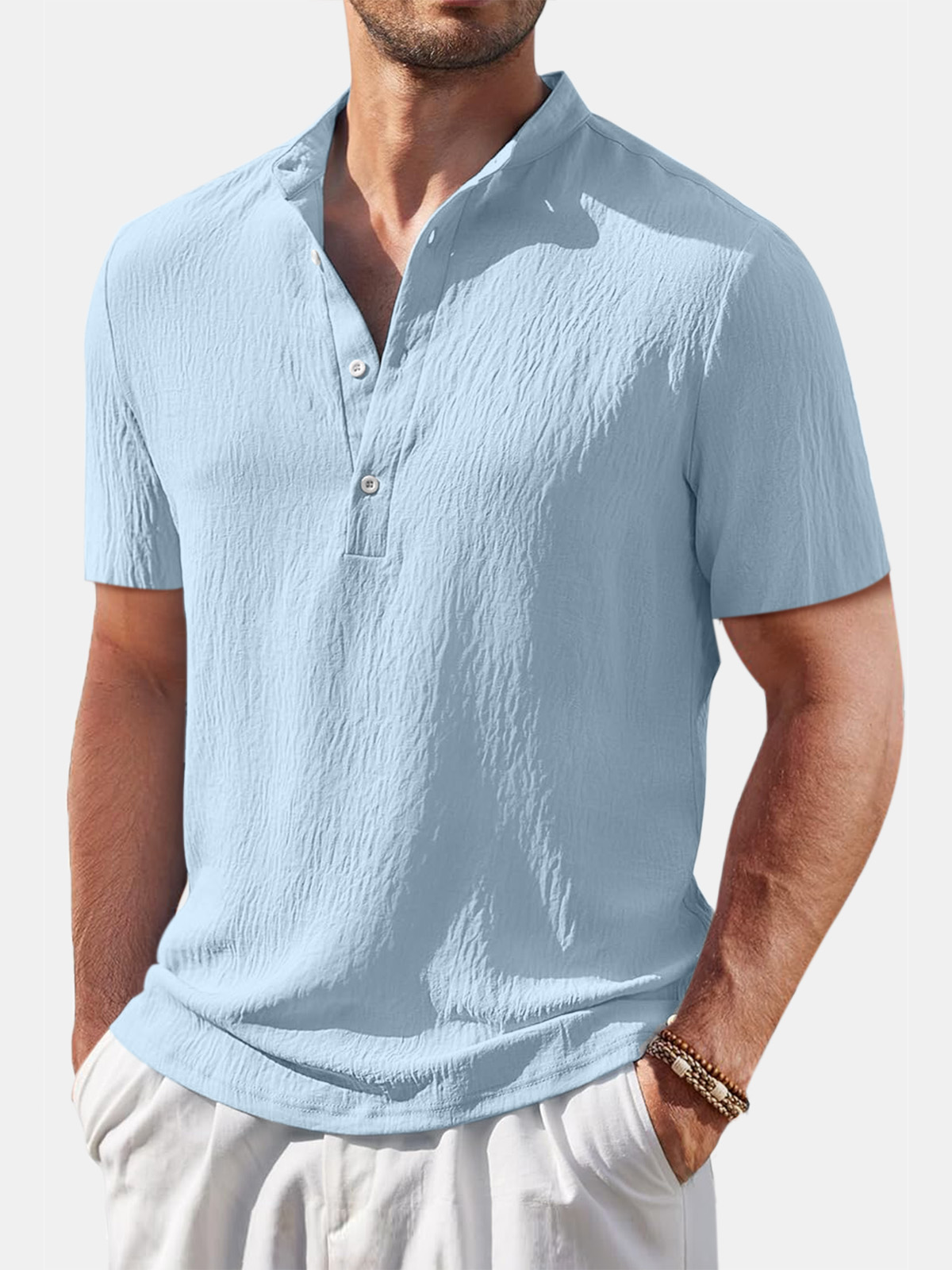 Heren casual shirt in katoen en linnen met mao-kraag en korte mouwen