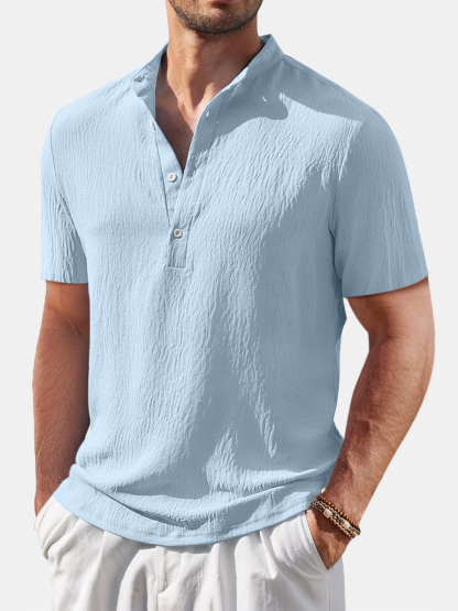 Heren casual shirt in katoen en linnen met mao-kraag en korte mouwen