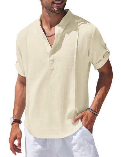 Chemise Henley en lin et coton pour homme, chemise décontractée hippie de plage, T-shirt à manches courtes