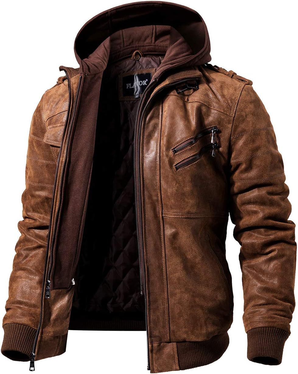 RCELINE Veste en Cuir véritable Homme à Capuche Blouson