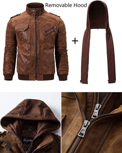 RCELINE Veste en Cuir véritable Homme à Capuche Blouson