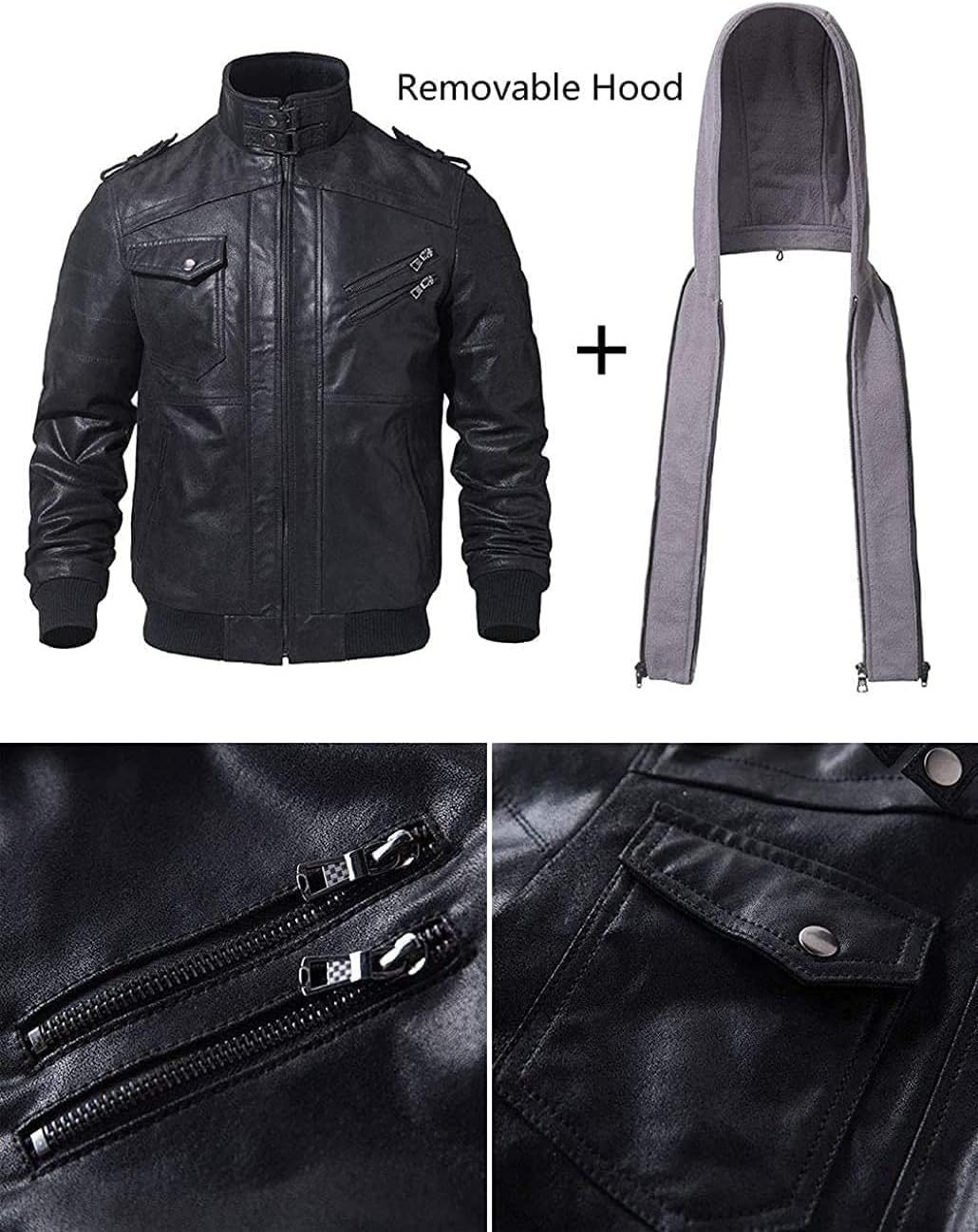 RCELINE Veste en Cuir véritable Homme à Capuche Blouson