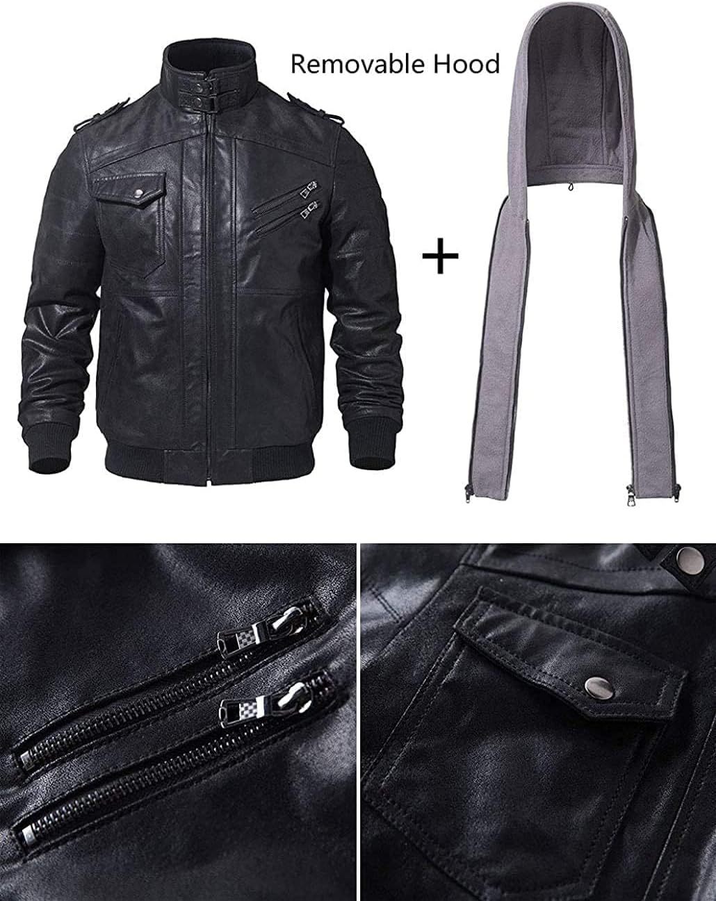 RCELINE Veste en Cuir véritable Homme à Capuche Blouson