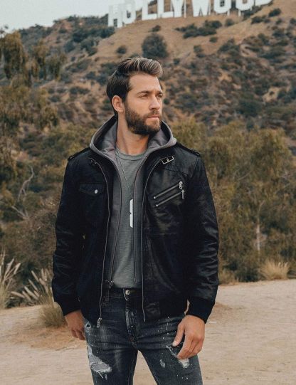 RCELINE Veste en Cuir véritable Homme à Capuche Blouson