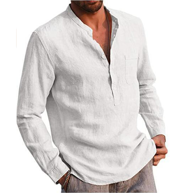 Chemises À Manches Longues En Coton Et Lin Pour Homme, Couleur Unie, Col Montant, Été