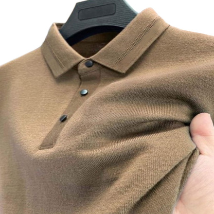 Nieuwe gebreide polo trui voor mannen met kleurcontrast, lange mouwen