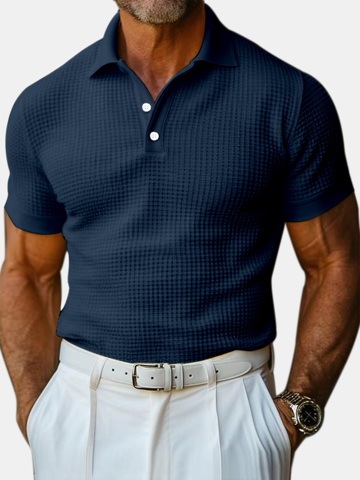 Polo à manches courtes pour homme en maille gaufrée unie, style décontracté