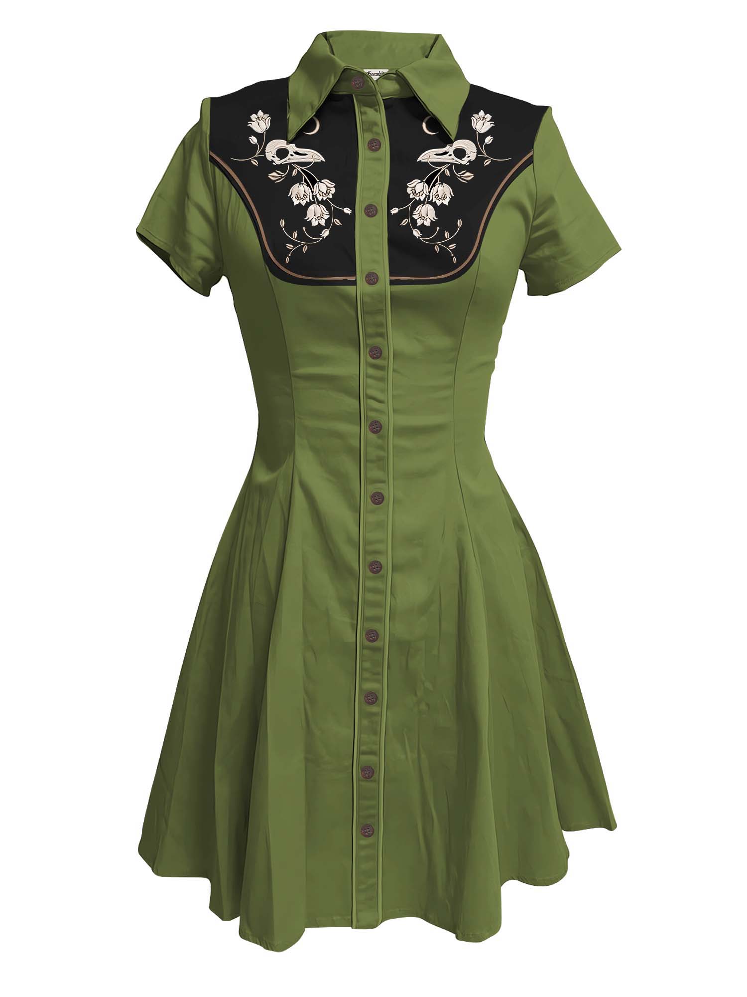 [Broderie] Tête de Corbeau Squelette et Fleur - Robe 100% Coton avec Double Poche