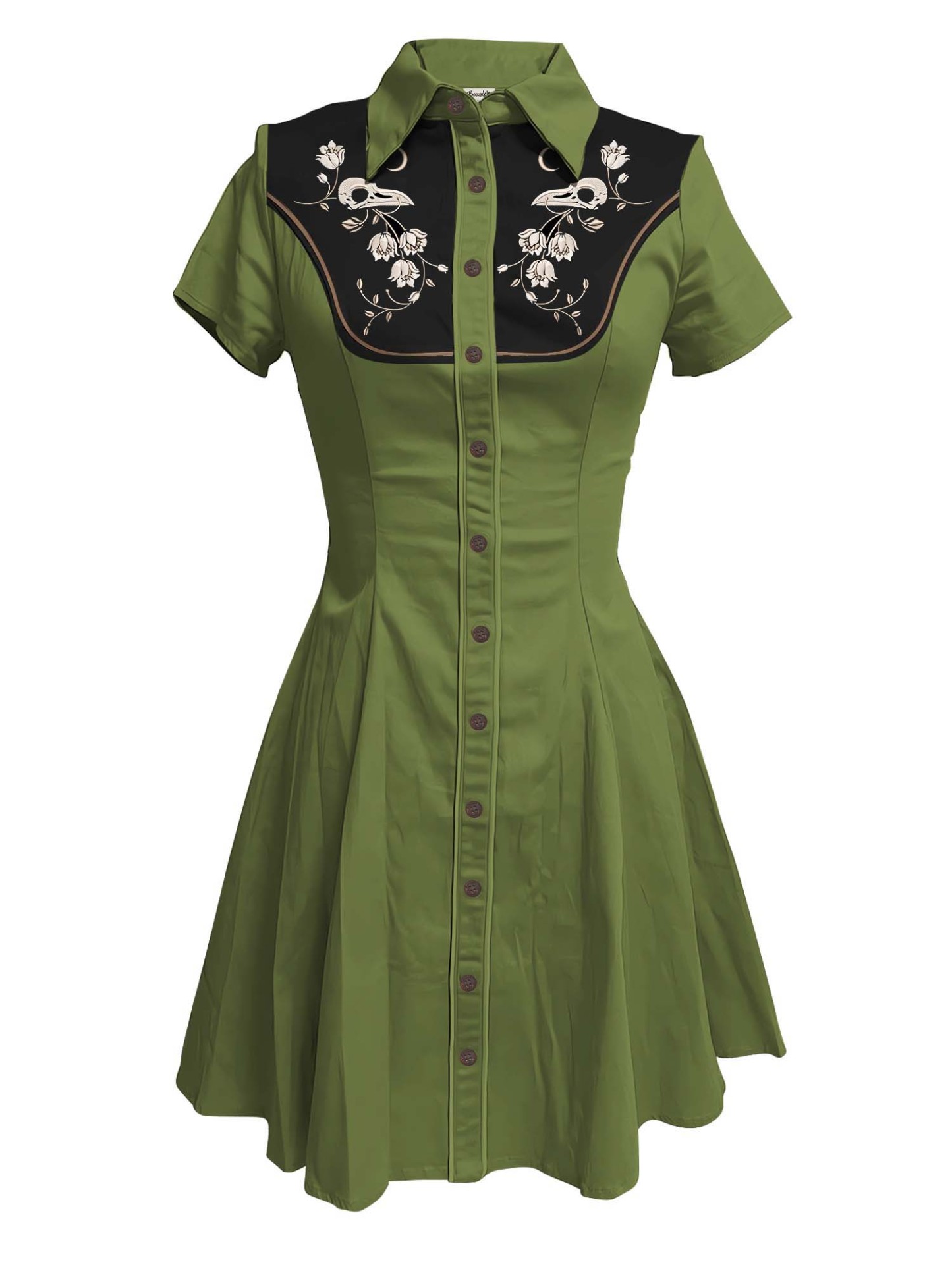 [Broderie] Tête de Corbeau Squelette et Fleur - Robe 100% Coton avec Double Poche
