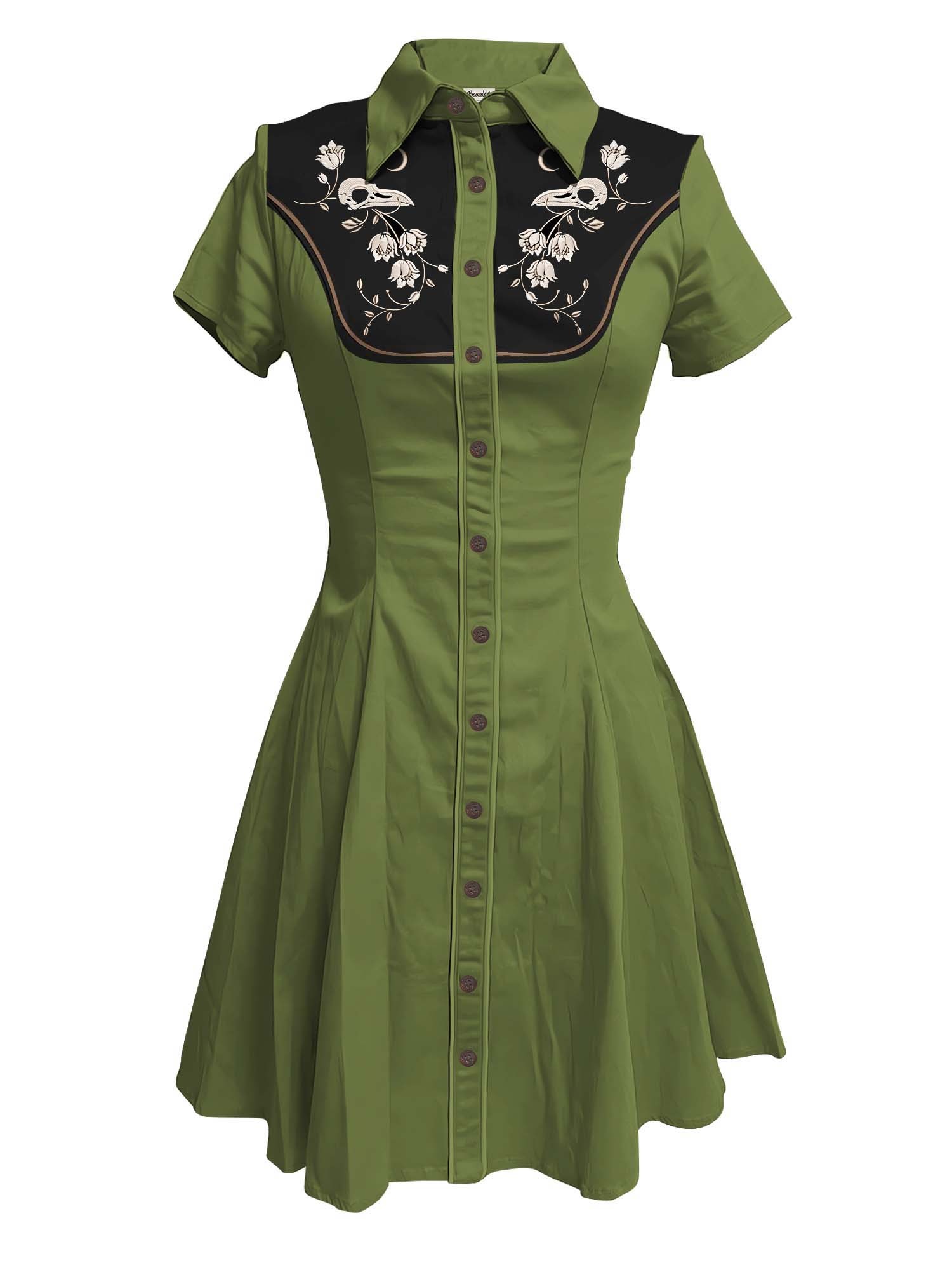 [Broderie] Tête de Corbeau Squelette et Fleur - Robe 100% Coton avec Double Poche