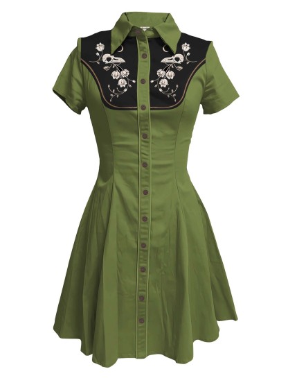 [Broderie] Tête de Corbeau Squelette et Fleur - Robe 100% Coton avec Double Poche
