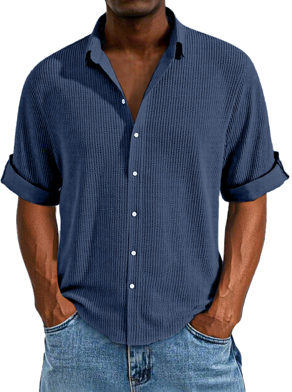 Korte Mouwen Casual Overhemd Voor Mannen, Ruime Pasvorm, Eenvoudige Textuur, Effen Kleur Met Knopen