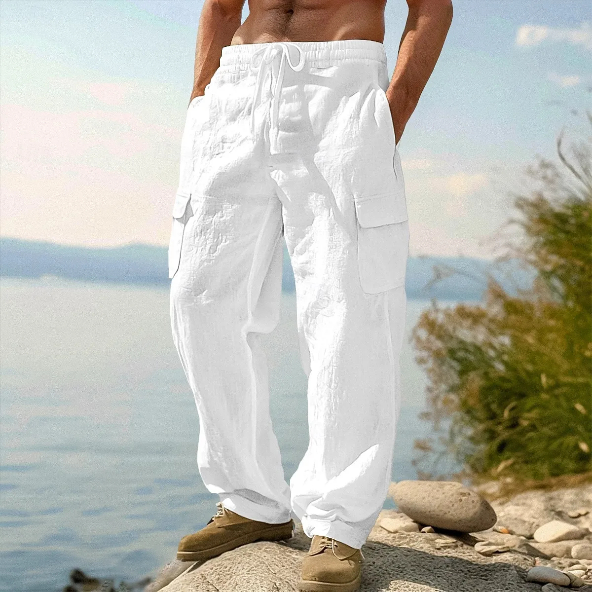 Pantalon en lin pour homme – Pantalon d'été décontracté, longueur classique, idéal pour le quotidien, les vacances et les voyages