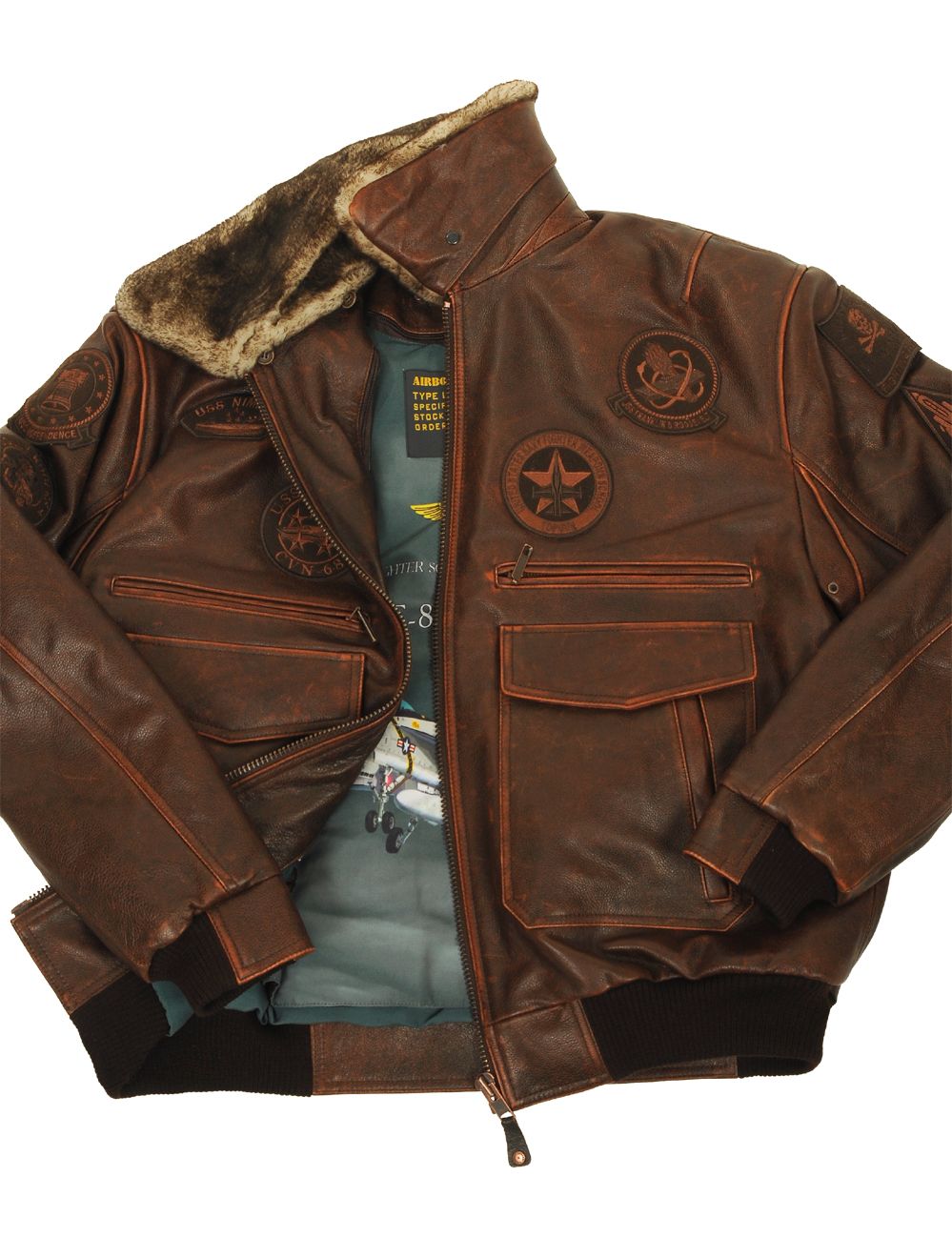 VESTE EN CUIR DE PILOTE TOP GUN JOLLY ROGERS - MARRON